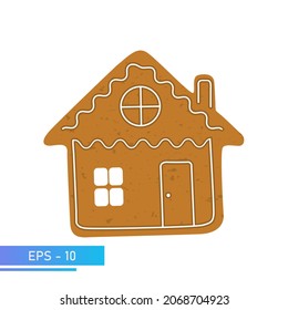 Christmas Cookies, Gingerbread house in brown color with white lines, Isolated On White Background, Vector Illustration.