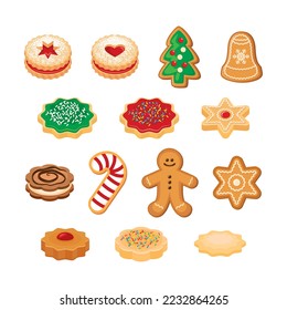 Christmas cookies and gingerbread icon set vector. Delicious christmas linzer cookies icon set isolated on a white background. Different types of biscuits drawing. Shortbread cookie icons vector