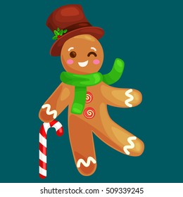 christmas cookies gingerbread man, decorated with icing holding a candy, xmas sweet food  vector illustration