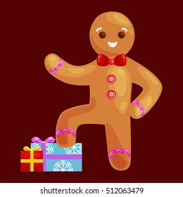 christmas cookies gingerbread man decorated with icing, standing on a stack of gifts, xmas sweet food vector illustration
