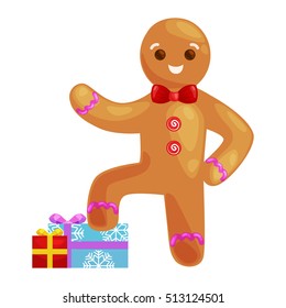 christmas cookies gingerbread man decorated with icing standing on a stack of gifts, xmas sweet food, vector illustration