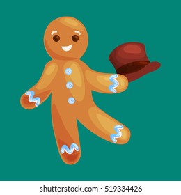 Christmas Cookies Gingerbread Man Decorated With Icing Dancing And Having Fun Xmas Sweet Food Vector Illustration