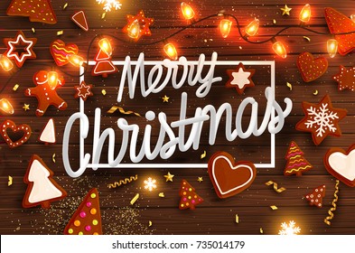 Christmas cookies, gingerbread man, sweet xmas tree and love hearts | Holiday decorations with light bulbs garland and wood background | Vector illustration
