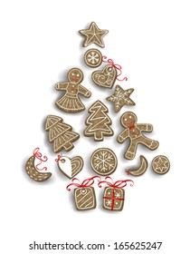 Christmas cookies - gingerbread man, tree, star, moon, heart and tree - forming stylized Christmas tree