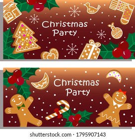 Christmas cookies, gingerbread man. Vector illustration on a dark background. Holiday invitation, postcard, for shops, packaging and gifts.