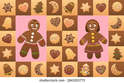 Christmas cookies with gingerbread man and woman in love - cookies and symbols, typical shapes like christmas trees, hearts, stars, moons, bells. Vector illustration background.

