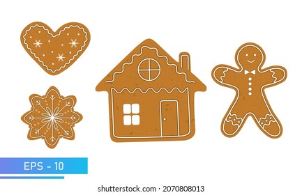 Christmas Cookies, gingerbread set, christmas house, man, snowflake and heart in brown color, Isolated On White Background, Vector Illustration.