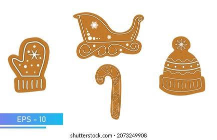 Christmas Cookies, gingerbread set, santa claus christmas sleigh, lollipop, hat and mittens in brown color, Isolated On White Background, Vector Illustration.