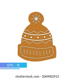 Christmas Cookies, gingerbread in the shape of a winter hat in brown color, Isolated On White Background, Vector Illustration.