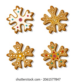 Christmas cookies gingerbread in snowflake shapes with sugar frosting in cartoon style. Festive sweet biscuits isolated on white background. Homemade dessert pastry. Vector illustration