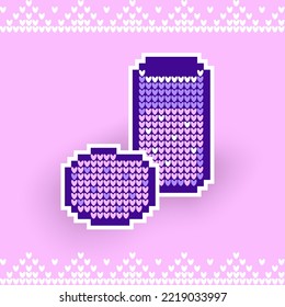 Christmas cookies with a glass of milk in pixel style. Sweater texture.