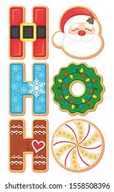 CHRISTMAS COOKIES HO-HO-HO COATED WITH COLORED GLAZING AND DECORATED WITH BUCKLE, SNOWFLAKE, GOLDEN BEADS. CONTAINS SANTA'S FACE