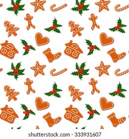 Christmas cookies and holly plant seamless, gingerbread man, candy cane, star, heart, tree and house - vector 