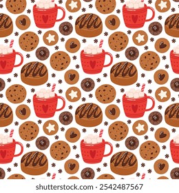 Christmas cookies and hot cocoa seamless pattern. Holiday traditional desserts background. Flat vector illustration