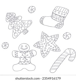 christmas cookies lollipop gingerbread tree sock seamless pattern new year vector festive isolated repeat wallpaper background xmas cartoon illustration doodle illustration gift wrap postcard