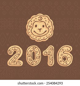 Christmas cookies with numerals 2016 and funny monkey face. 2016 is the year of monkey on Chinese zodiac