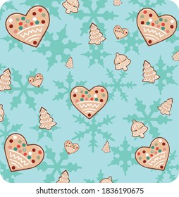 Christmas cookies on the blue pattern snow background