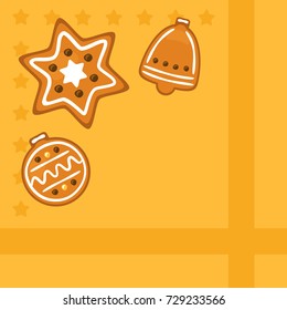 Christmas cookies on bright yellow background, vector illustration.