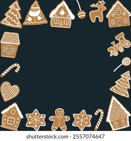 Christmas Cookies on Dark Blue Background. Holiday Frame. Different Gingerbread Cookies. Gingerbread Houses, Santa Claus, Deer, Fir trees, Gingerbread Man, Train, Stars, Heart. Vector Illustration