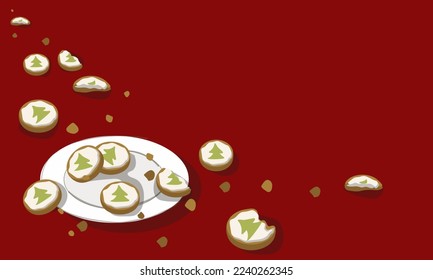 Christmas cookies on a plate on a red background with a place for text. New Year's theme. Bitten cookies with Christmas tree patterns. background with crumbs. vector illustration for printing recipes.