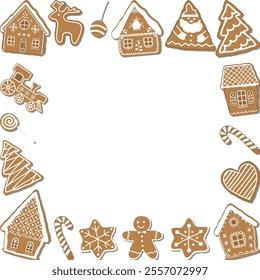 Christmas Cookies on White Background. Holiday Frame. Gingerbread Houses, Santa Claus, Deer, Fir trees, Gingerbread Man, Train, Stars, Heart. Vector Illustration