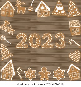 Christmas cookies on wooden background. Holiday background. Gingerbread houses, Santa Claus, deer, fir trees, gingerbread man, train, stars, heart and numbers of the year. Vector illustration