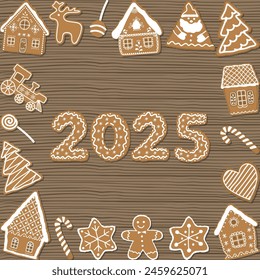 Christmas cookies on wooden background. Holiday background. Gingerbread houses, Santa Claus, deer, fir trees, gingerbread man, train, stars, heart and numbers of the 2025 year. Vector illustration