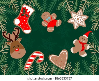 Christmas  cookies on the xmas tree background 