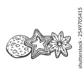 Christmas cookies outline vector illustration. Hand drawn cute biscuits with circle, sketch star and snowflake shapes, cookies with icing and choco chips, sweet shortbread sandwich with jam and glaze