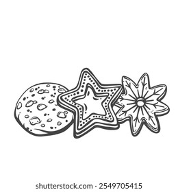 Christmas cookies outline vector illustration. Hand drawn cute biscuits with circle, sketch star and snowflake shapes, cookies with icing and choco chips, sweet shortbread sandwich with jam and glaze