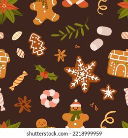 Christmas cookies pattern. Seamless background with gingerbread man, ginger biscuits, candies, Xmas sweets, spices. Winter holiday bakery and treats, repeating print. Colored flat vector illustration