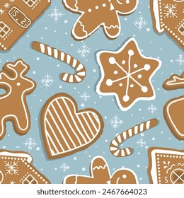 Christmas Cookies Pattern. Seamless Print with Gingerbread Cookies. Gingerbread house, deer, heart, Gingerbread Man, star. Winter Background. Template. Vector illustration on light blue background