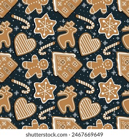 Christmas Cookies Pattern. Seamless Print with Gingerbread Cookies. Gingerbread house, deer, heart, Gingerbread Man, star. Winter Background. Template. Vector illustration on dark blue background