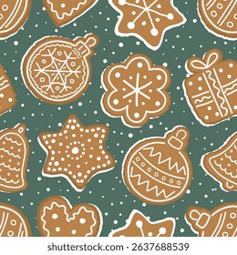 Christmas Cookies Pattern. Seamless Print with Gingerbread Cookies. Gingerbread Balls, Bell, Heart, Star, Gift Box, Flower. Winter Background. Template. Vector illustration on Green Background
