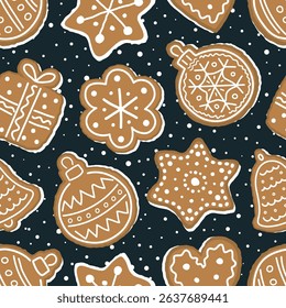 Christmas Cookies Pattern. Seamless Print with Gingerbread Cookies. Gingerbread Balls, Bell, Heart, Star, Gift Box, Flower. Winter Background. Template. Vector illustration on Dark Blue Background