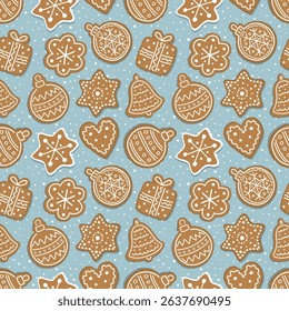 Christmas Cookies Pattern. Seamless Print with Gingerbread Cookies. Gingerbread Balls, Bell, Heart, Star, Gift Box, Flower. Winter Background. Template. Vector illustration on Light Blue Background