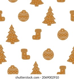 Christmas Cookies pattern, christmas tree, christmas toy and christmas sock in brown color, Isolated On White Background, Vector Illustration.