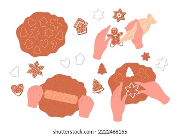 Christmas cookies. Process of making homemade cookies. Forms for cutting gingerbread. Merry Christmas and Happy Holidays. Hand drawn vector illustration