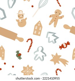 Christmas Cookies Seamless Pattern. Baking elements isolated on white background. Preparing for the winter holidays, home baking in winter. Vector cute cartoon flat illustration. Gingerbread cookies