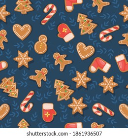 Christmas cookies seamless pattern. Gingerbread house. Sweet holiday food. Traditional homemade dessert ginger snack. Cookie biscuit icing cake. Winter christmas food background.