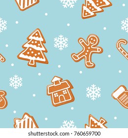 Christmas cookies seamless pattern. Gingerbread man, house, tree, present box on pastel blue background. Vector.