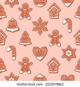 Christmas cookies seamless pattern. New year decorated cookie. Merry Christmas and Happy Holidays. Winter homemade sweets. Hand drawn vector illustration