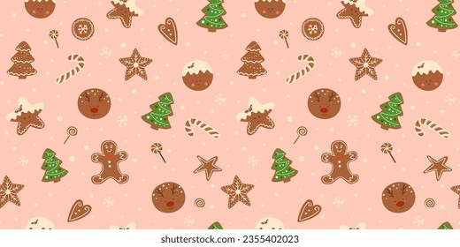 Christmas cookies seamless pattern on pink background. Vector Christmas dessert repeat print, hand drawn tasty gingerbread illustration. Sweet design for wallpaper, textile, backdrop, wrapping paper.