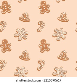 Christmas cookies seamless pattern. Snowflake, candy cane, bell, gingerbread man. Hand drawn vector illustration. Suitable for web background, gift paper, fabric or textile.