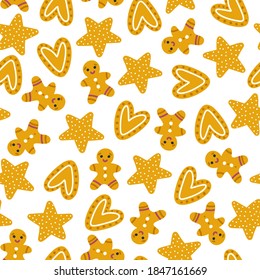 Christmas cookies seamless pattern. Vector hand-drawn illustration of gingerbread sweets, decorated for the holidays. Gingerbread man with hearts and stars.