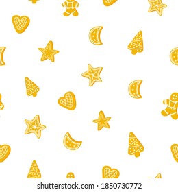 Weihnachtskekse sind nahtlose Muster. Handgezeichnete Vektorgrafik von Lebkuchensüßen, die für die Ferien dekoriert sind. Lebkuchenmann mit Herzen und Sternen.
