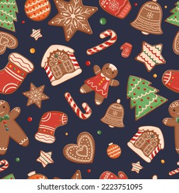 Christmas Cookies Seamless Pattern,Xmas Festive Background with Star, Sock, Tree, Heart and Gingerbread House Pastry Fresh Decorated Bakery for Winter Holidays Celebration. Cartoon Vector Illustration