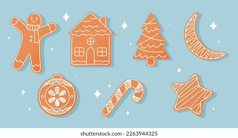 Christmas cookies set. Collection of stickers for social networks. Gingerbread man, Christmas tree and stick. Dessert and delicacy. Cartoon flat vector illustrations isolated on blue background