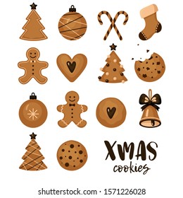 Christmas cookies set, collection, X-mas card, design elements for poster, flyer, advertisement, seasonal greetings. Minimalist illustration in flat cartoon style on white background