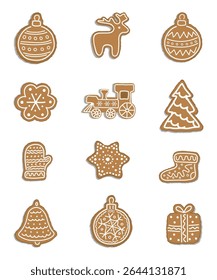 Cookies de Natal. Gingerbread Cookie Collection. Bolas de Natal, Sino, Veado, Fir Tree, Luva, Meia, Caixa de Presente, Estrela, Trem, Flor. Ilustração de vetor no plano de fundo branco